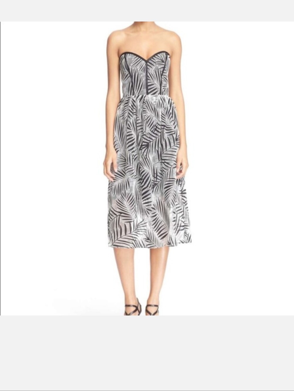 Parker Black and White Strapless Leaf-Print Dress